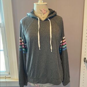 PJ Salvage Charcoal Hoodie with Vibrant Striped Sleeves